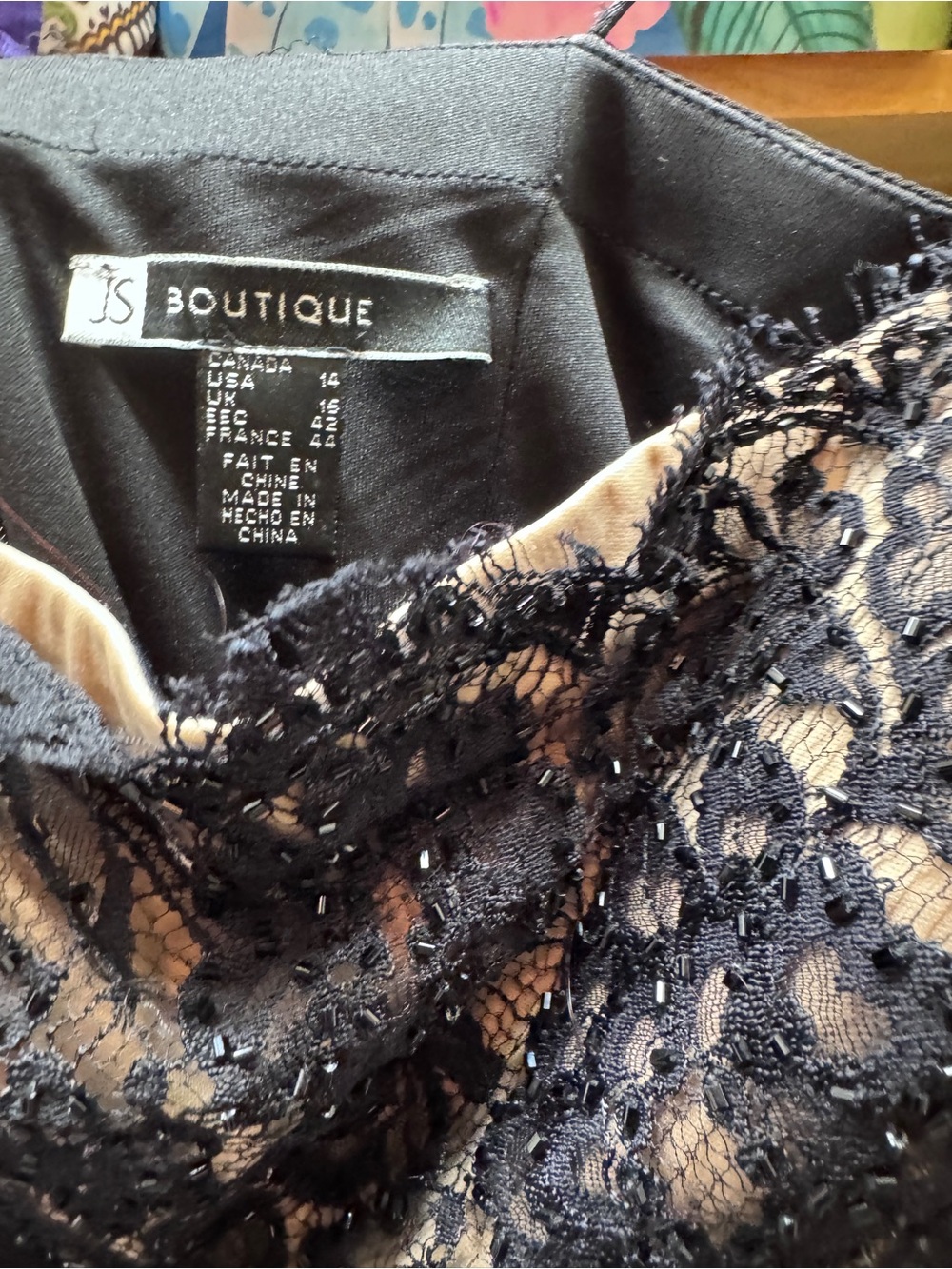 JS Boutique Black Lace with Nude Lining Beaded Strapless Top
